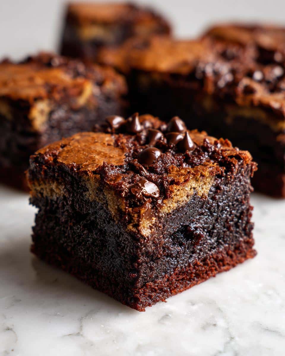 Close-up of a fudgy brownie cookie bar topped with chocolate chips, showcasing its two-layer texture.