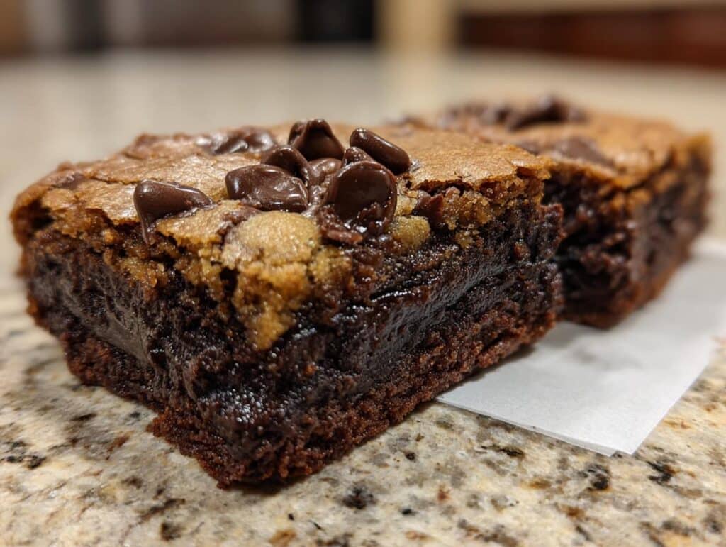 Close-up of two rich brownie cookie bars, topped with chocolate chips, showcasing the two-layer texture.