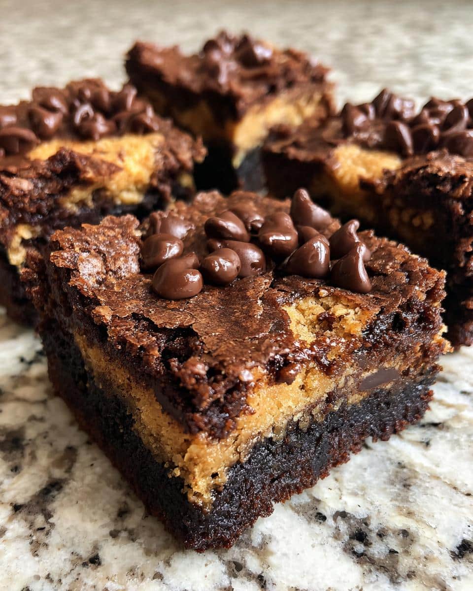 Close-up of decadent brownie cookie bars with two layers and chocolate chips.