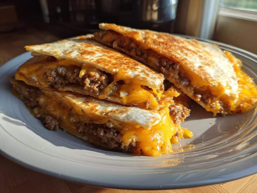 Close-up of a Burger Quesadilla cut into wedges, showing seasoned ground beef and melted cheddar cheese between crispy tortillas.