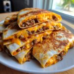 A stack of golden-brown Burger Quesadilla slices, overflowing with seasoned ground beef and melted cheese.