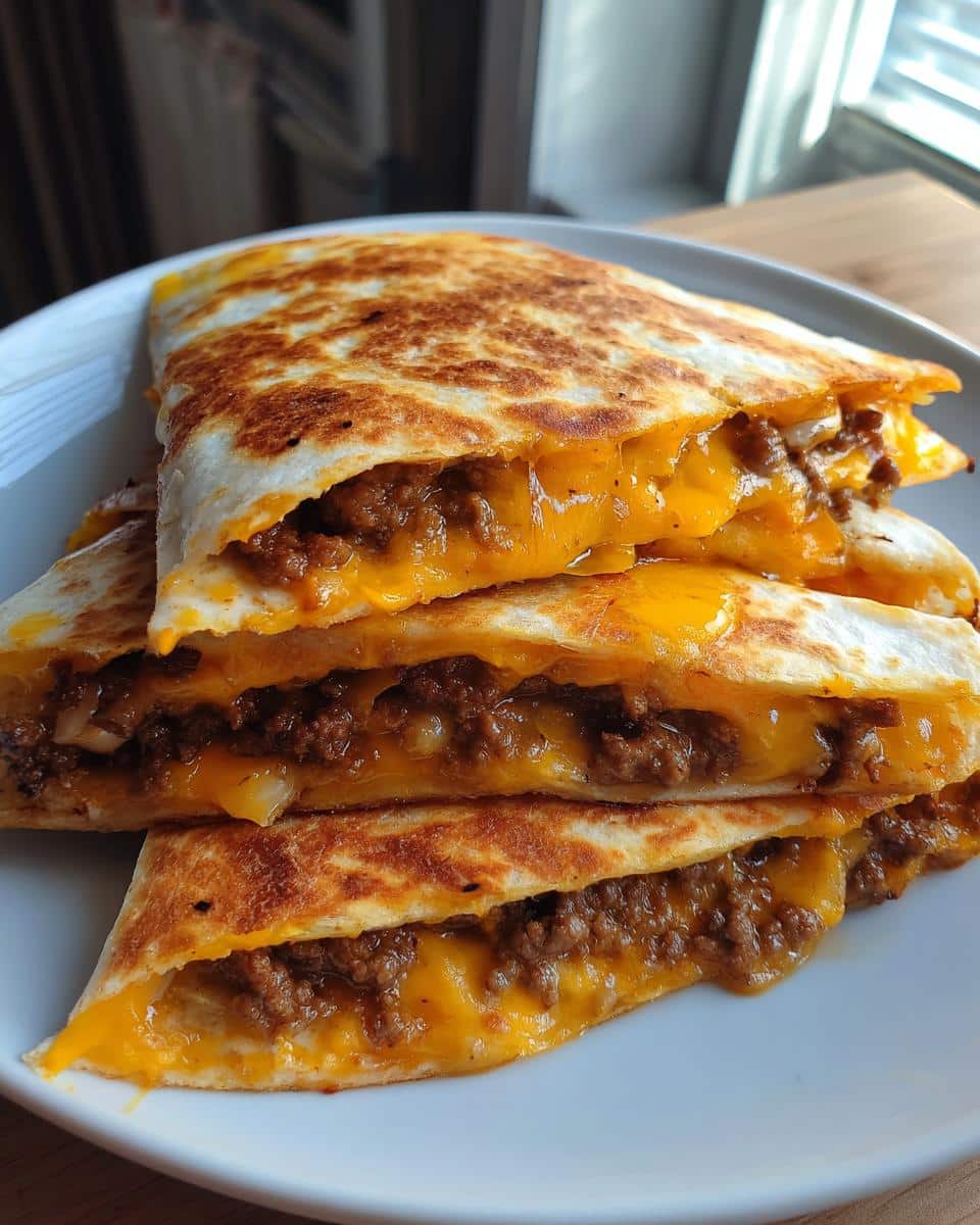 Close-up of three golden-brown Burger Quesadilla slices stacked on a white plate, showing gooey melted cheese and seasoned ground beef filling.