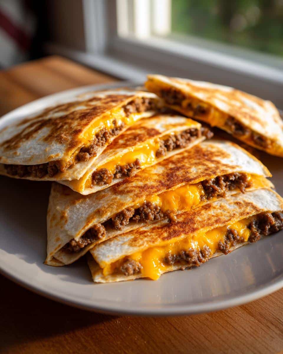 Close-up of golden-brown Burger Quesadilla slices filled with seasoned ground beef and melted cheese.