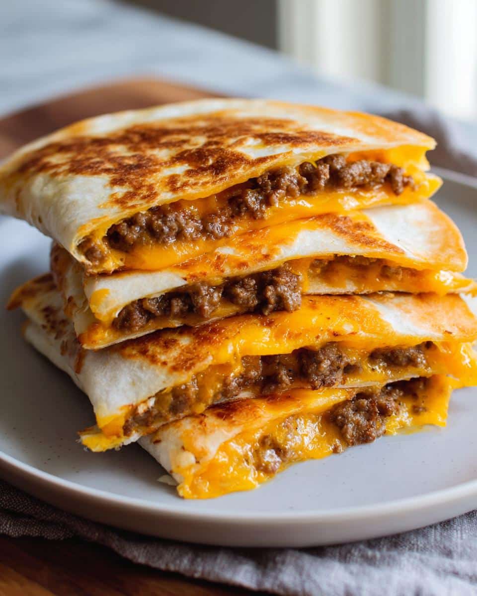 A stack of four cheesy Burger Quesadilla halves, showing seasoned ground beef and melted cheddar cheese.