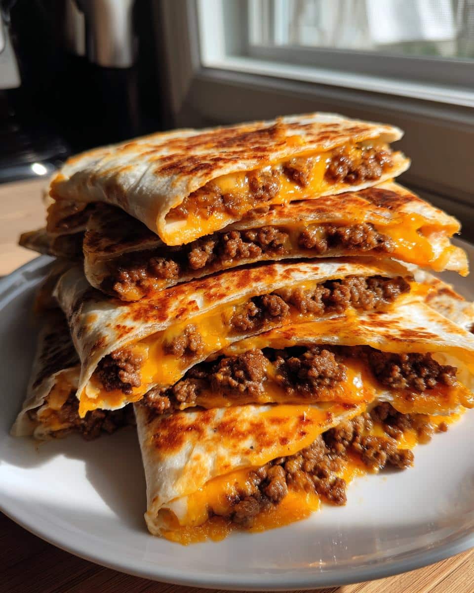 A stack of golden-brown Burger Quesadillas filled with seasoned ground beef and melted cheese.