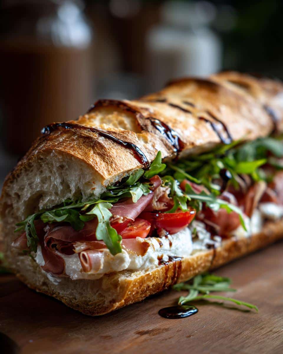 A delicious Burrata Prosciutto Sandwich on a baguette, filled with creamy burrata, prosciutto, tomatoes, and arugula, drizzled with balsamic glaze.