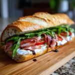 A long, crusty baguette filled with creamy burrata, prosciutto, tomatoes, arugula, and balsamic glaze.