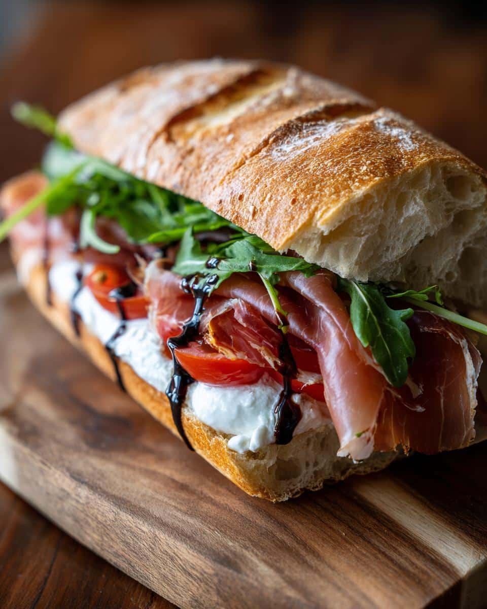 A delicious Burrata Prosciutto Sandwich on a wooden board, filled with creamy burrata, prosciutto, tomatoes, and arugula, drizzled with balsamic glaze.