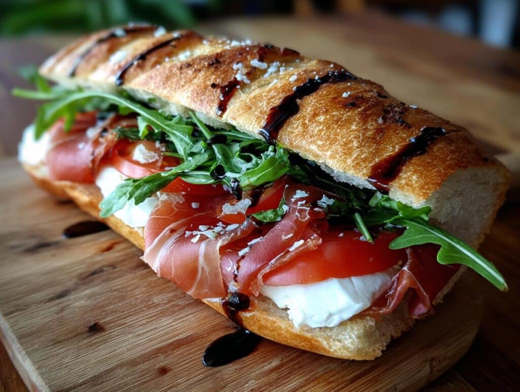 A long, crusty baguette filled with creamy burrata cheese, prosciutto, tomatoes, and arugula, drizzled with balsamic glaze.