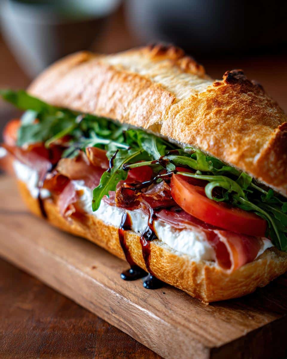 A delicious Burrata Prosciutto Sandwich on a baguette, filled with creamy burrata, prosciutto, tomatoes, and arugula, drizzled with balsamic glaze.