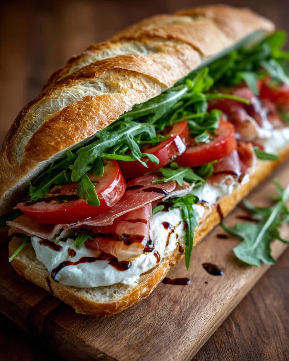 A delicious Burrata Prosciutto Sandwich on a wooden board, filled with creamy burrata, prosciutto, tomatoes, arugula, and balsamic glaze.
