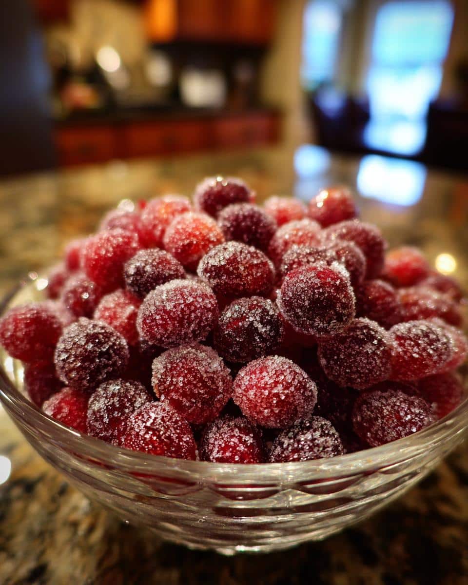 Close-up of a glass bowl filled with sparkling candied cranberries, glistening with sugar crystals.
