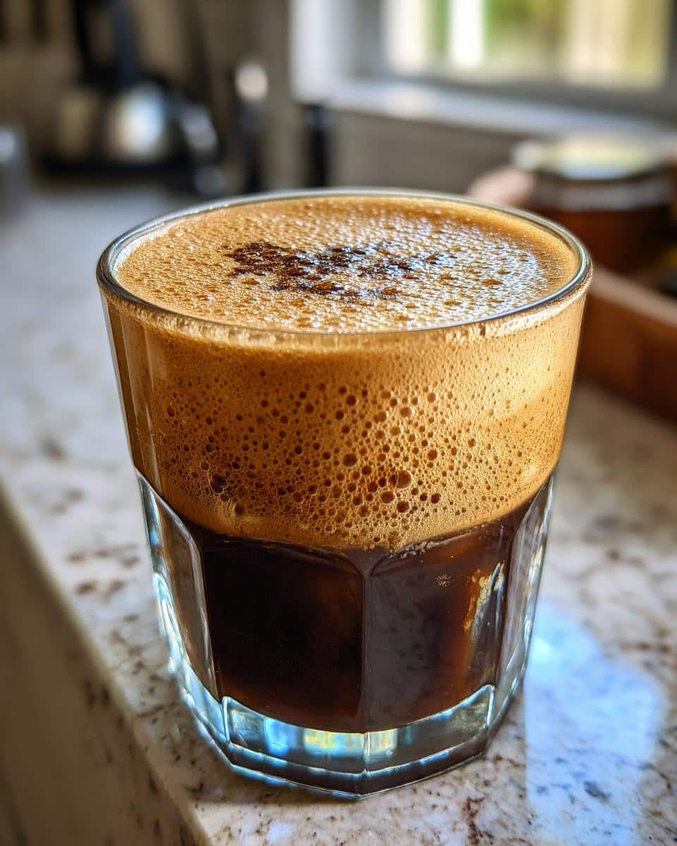 A close-up of a Cereal Milk Latte with rich, foamy crema in a faceted glass.