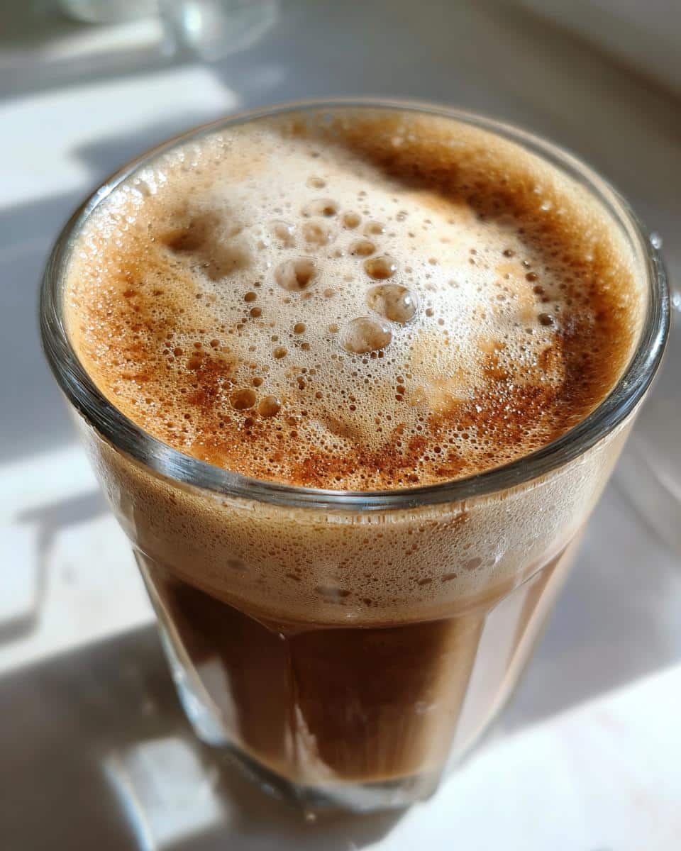 Close-up of a Cereal Milk Latte with rich, foamy milk topping in a clear glass.
