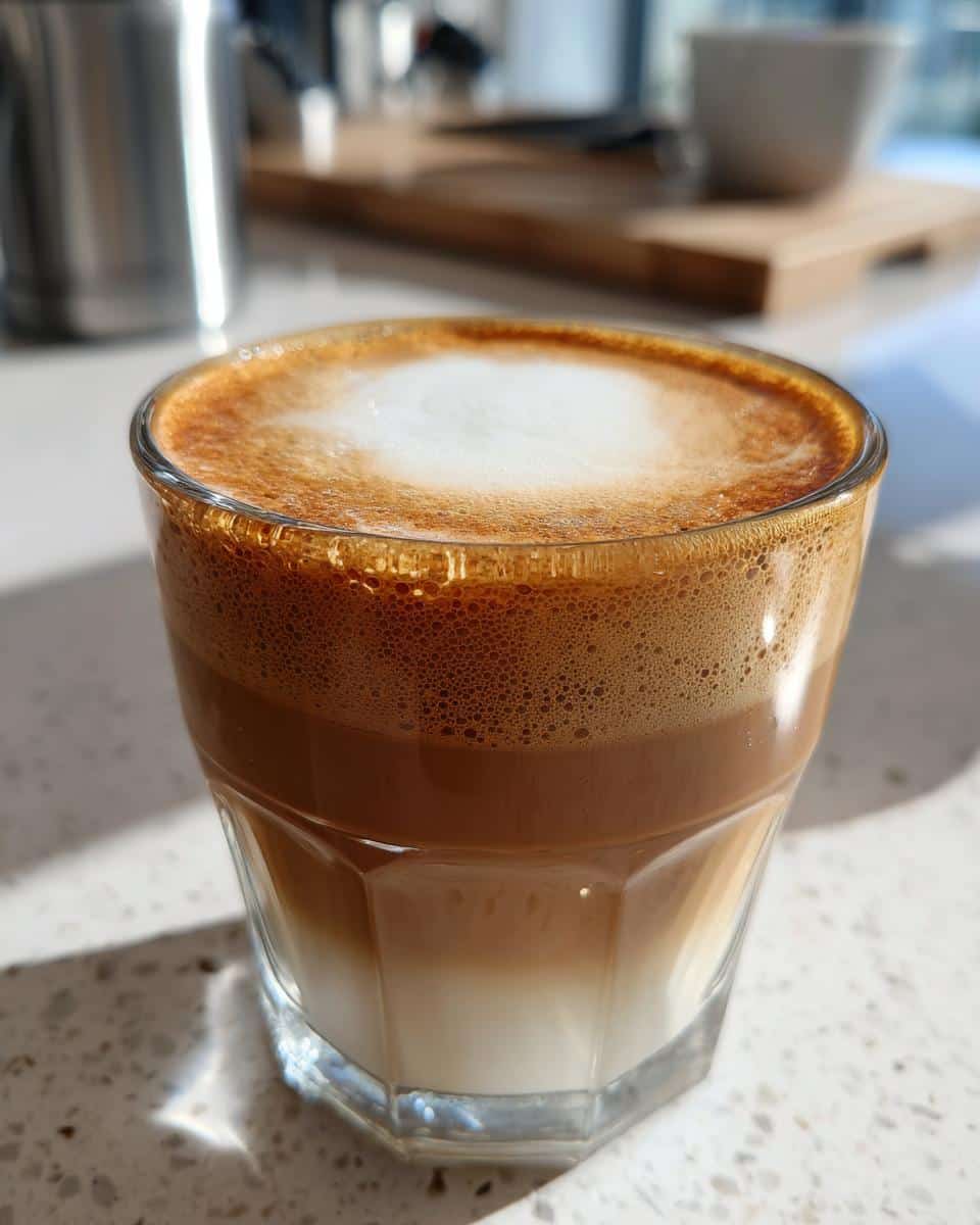 A close-up of a Cereal Milk Latte in a clear glass, showing layers of milk and foamed coffee.