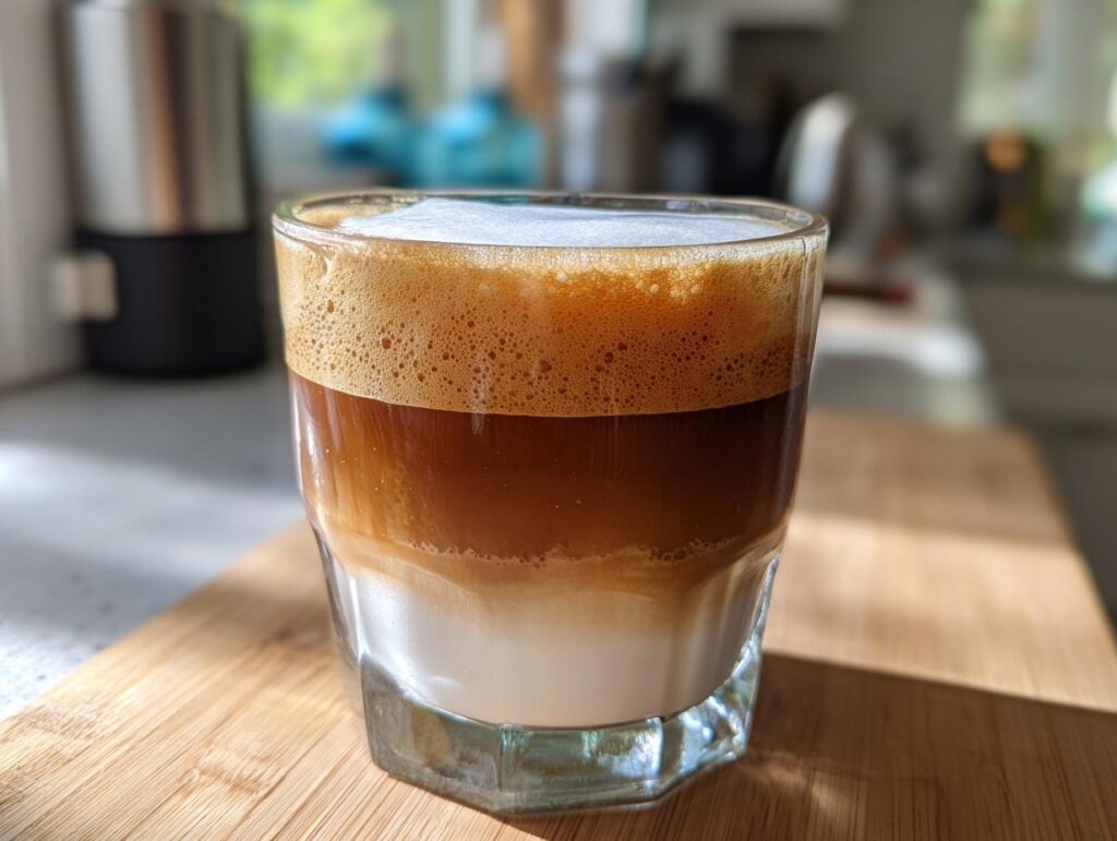 A layered Cereal Milk Latte in a glass, showing distinct layers of milk, espresso, and foam.
