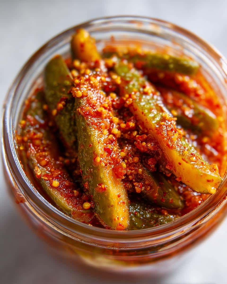Close-up of sliced chamoy pickles in a glass jar, coated in a spicy red seasoning.