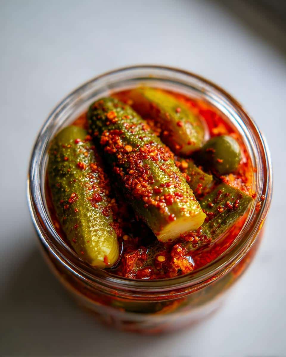 Close-up of a jar filled with whole and halved chamoy pickles, coated in a vibrant red chili spice mix.