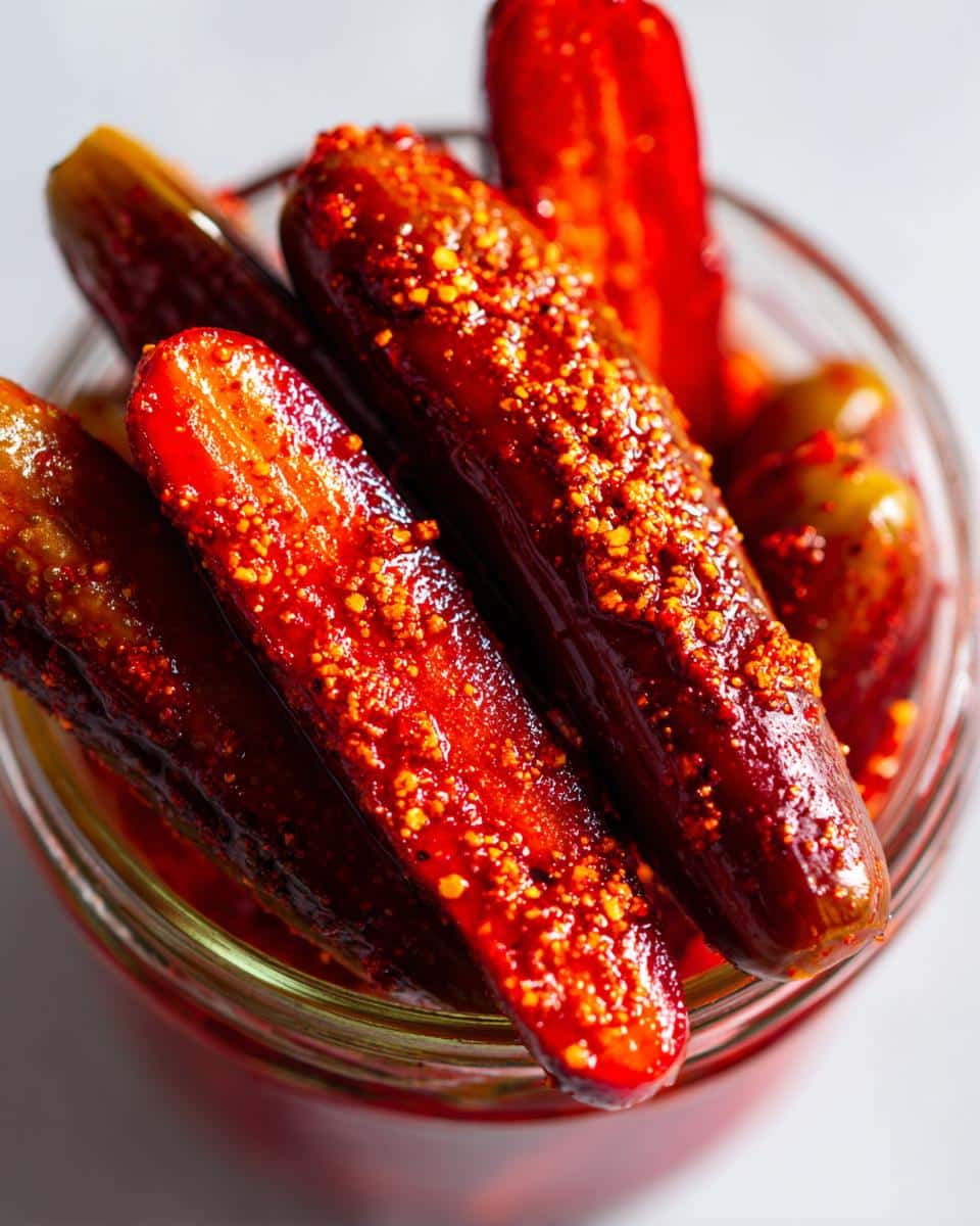 Close-up of spicy chamoy pickles coated in red chili powder and spices, packed in a jar.