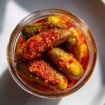Close-up overhead view of a glass jar filled with small, spicy Chamoy Pickles coated in red chili flakes.