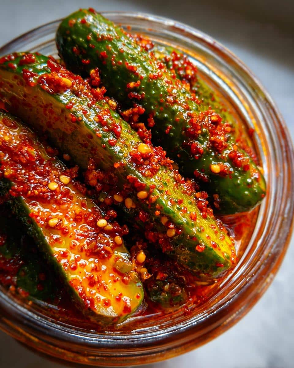 Close-up of several whole cucumbers coated in a vibrant red chamoy sauce and spices in a glass jar.