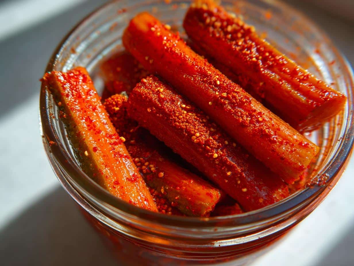 Close-up of several chamoy pickle spears coated in red seasoning and spices, packed in a glass jar.