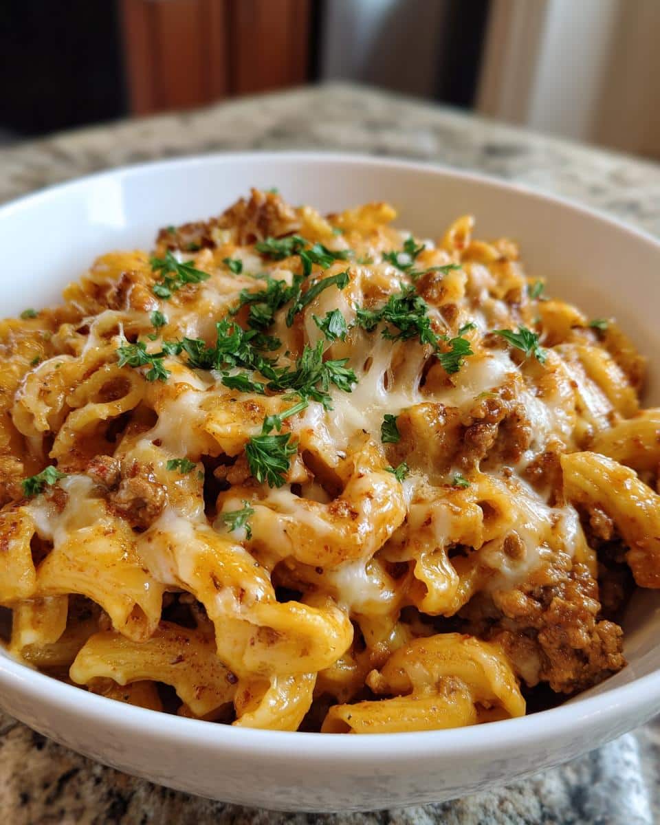 A white bowl filled with cheesy ground beef pasta, topped with fresh parsley. Perfect for easy ground beef recipes for beginners.