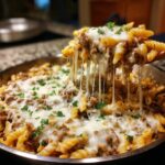 A spoonful of cheesy ground beef pasta, showing melted cheese stretching from the dish.
