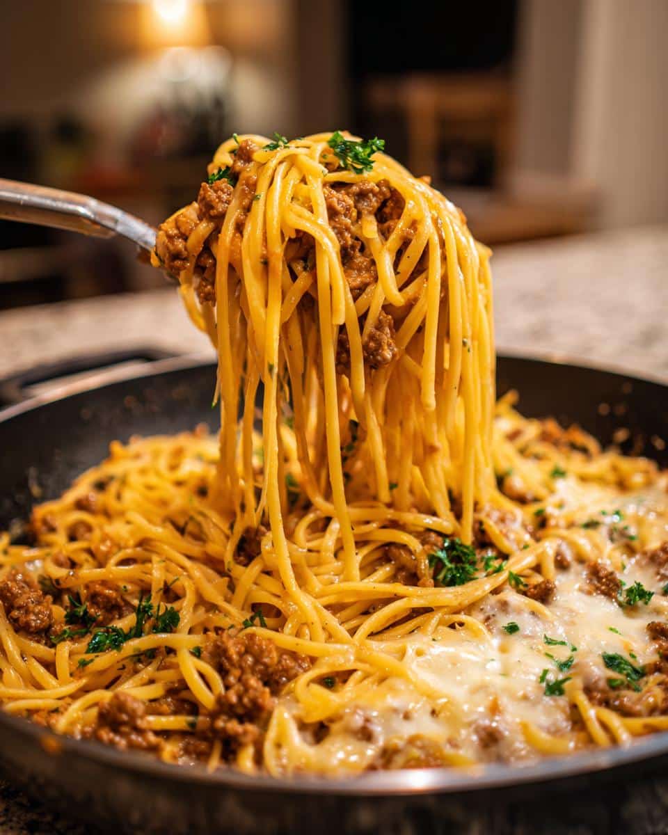 A serving of cheesy ground beef pasta being lifted from a pan, garnished with parsley. Perfect for easy ground beef recipes for beginners.