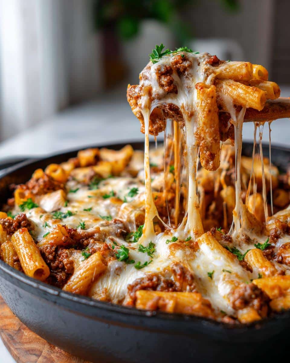 A wooden spoon lifts a generous portion of cheesy ground beef pasta, with melted mozzarella strings stretching.