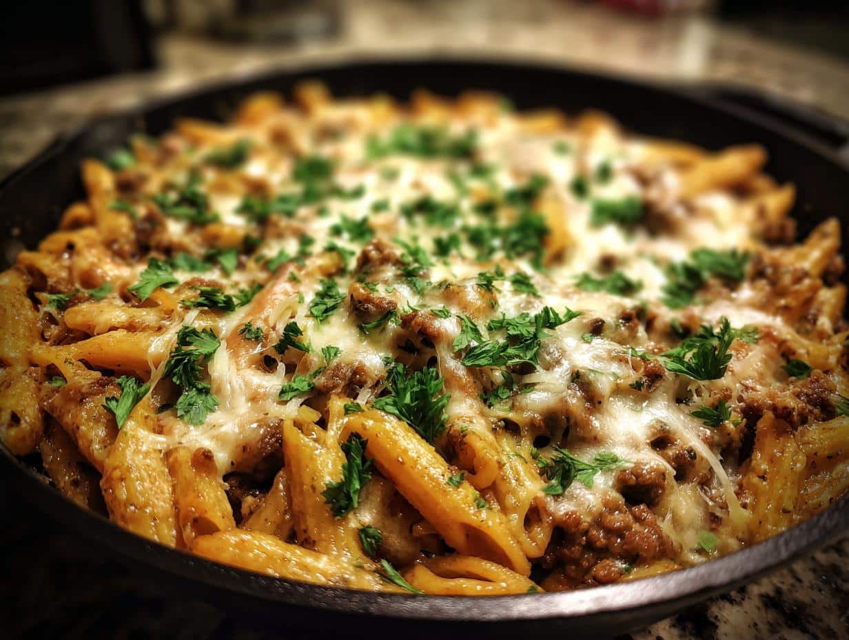 A close-up of cheesy ground beef pasta in a skillet, topped with fresh parsley. An easy ground beef recipe for beginners.