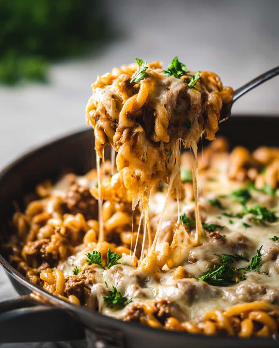 A spoonful of cheesy ground beef pasta, showing melted cheese stretching from the dish.