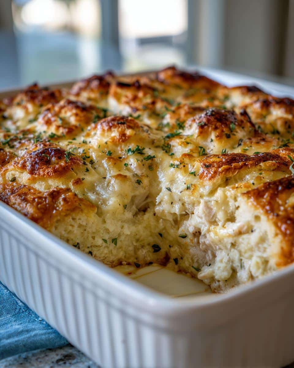 Golden brown chicken crescent roll casserole topped with melted cheese and parsley in a white baking dish.