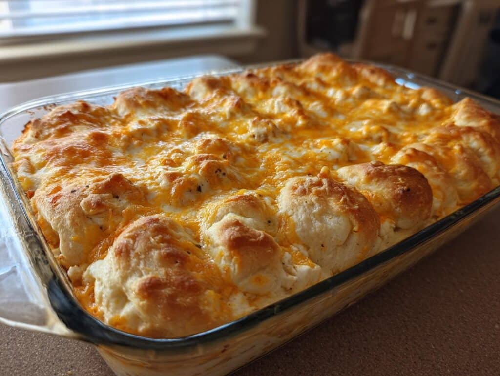 A baked chicken crescent roll casserole topped with melted cheddar cheese in a glass baking dish.