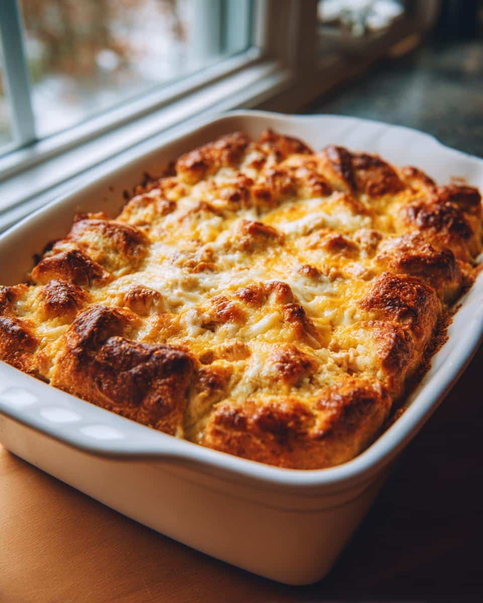 A golden-brown chicken crescent roll casserole baked in a white dish, topped with melted cheese.
