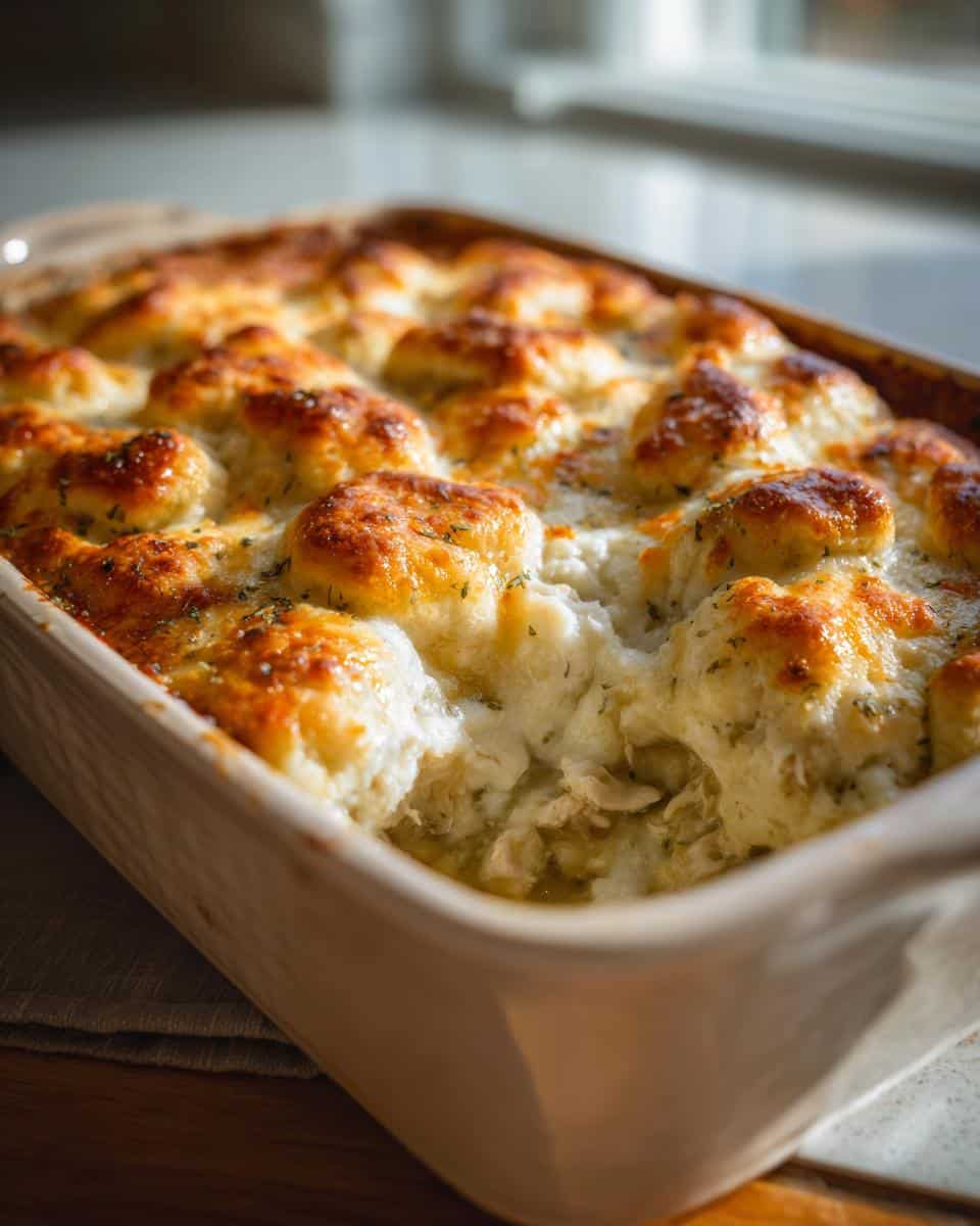 A close-up of a golden-brown chicken crescent roll casserole in a baking dish, bubbling and topped with herbs.