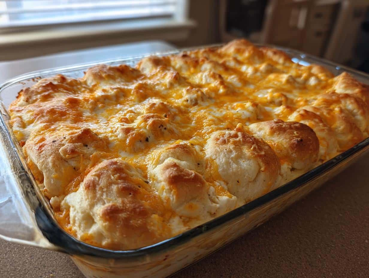 A baked chicken crescent roll casserole topped with melted cheddar cheese in a glass baking dish.