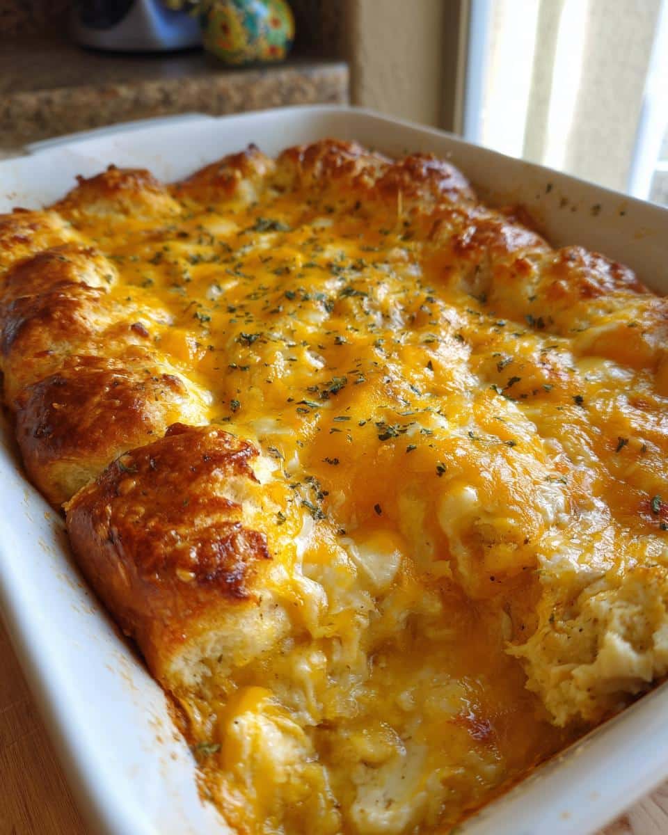 A close-up of a golden brown chicken crescent roll casserole topped with melted cheddar cheese and herbs.
