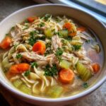 A close-up of a bowl of chicken noodle soup stove top, filled with shredded chicken, noodles, carrots, celery, and parsley.