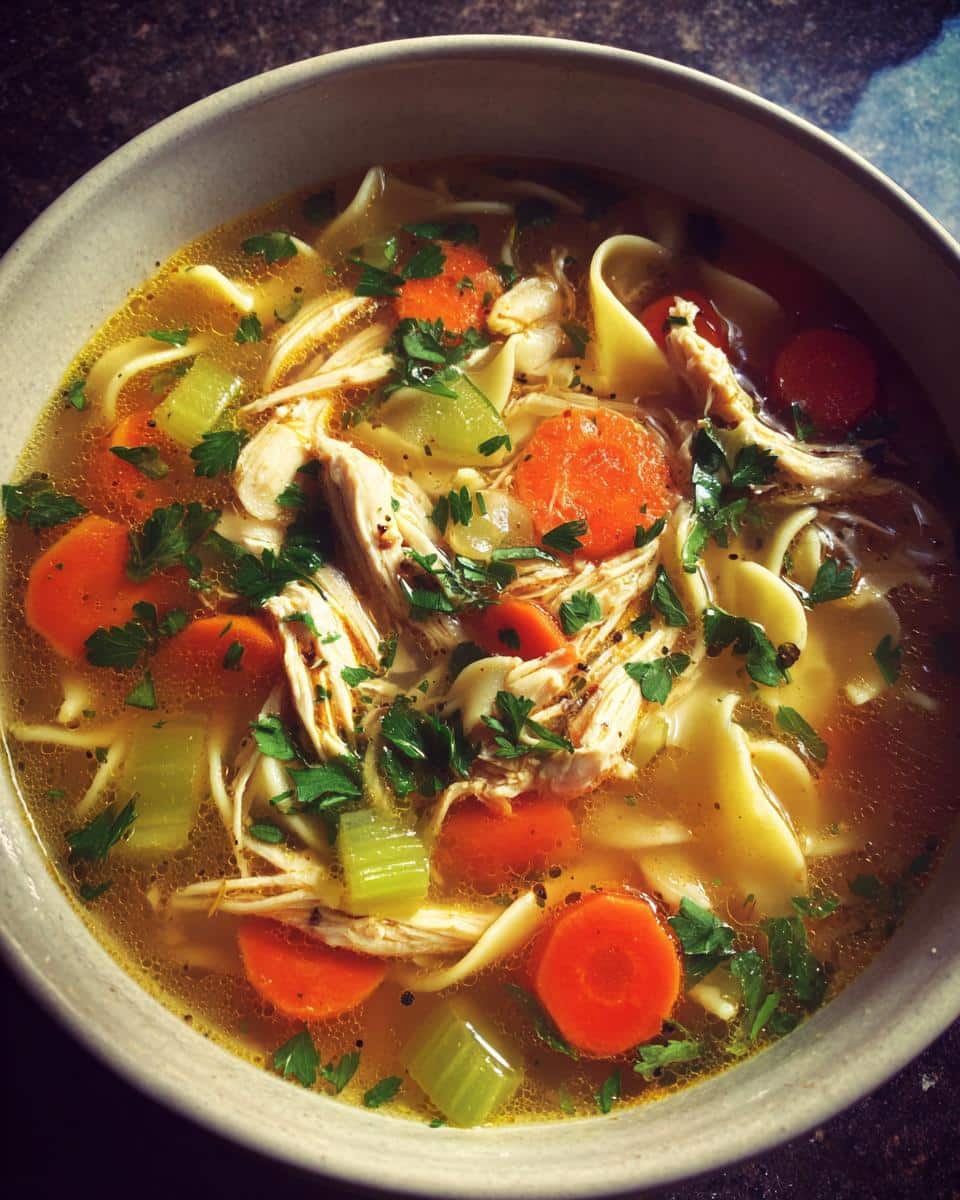 A close-up overhead view of a steaming bowl of classic chicken noodle soup stove top, filled with shredded chicken, wide noodles, carrots, and celery.