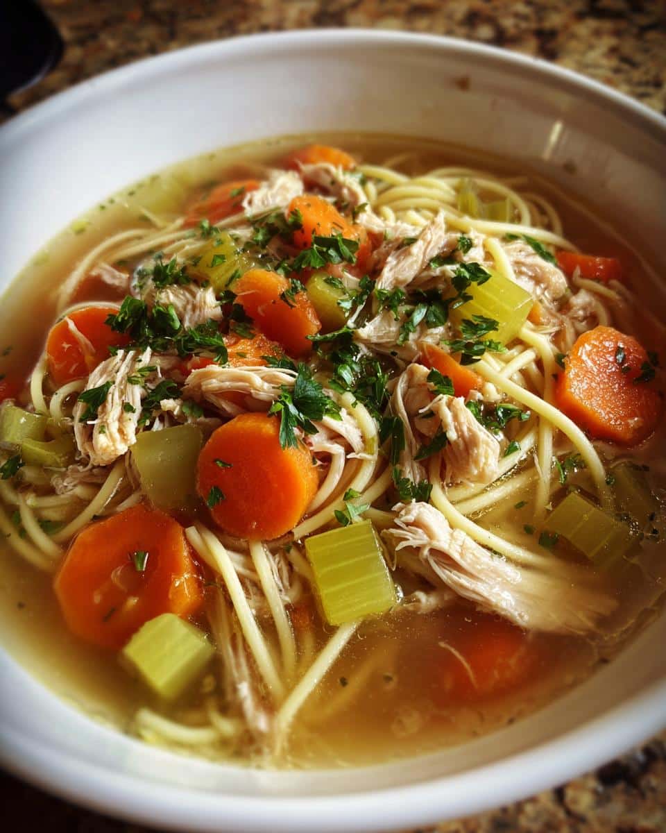 A close-up of a bowl of delicious chicken noodle soup stove top, featuring shredded chicken, noodles, carrots, celery, and parsley.