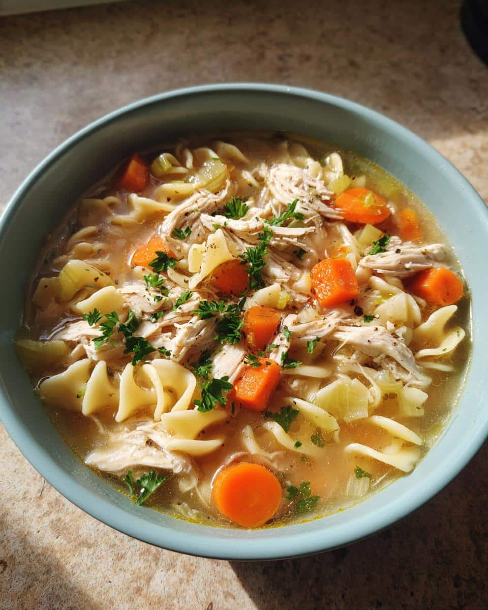 A close-up bowl of chicken noodle soup stove top, featuring egg noodles, shredded chicken, carrots, celery, and parsley.