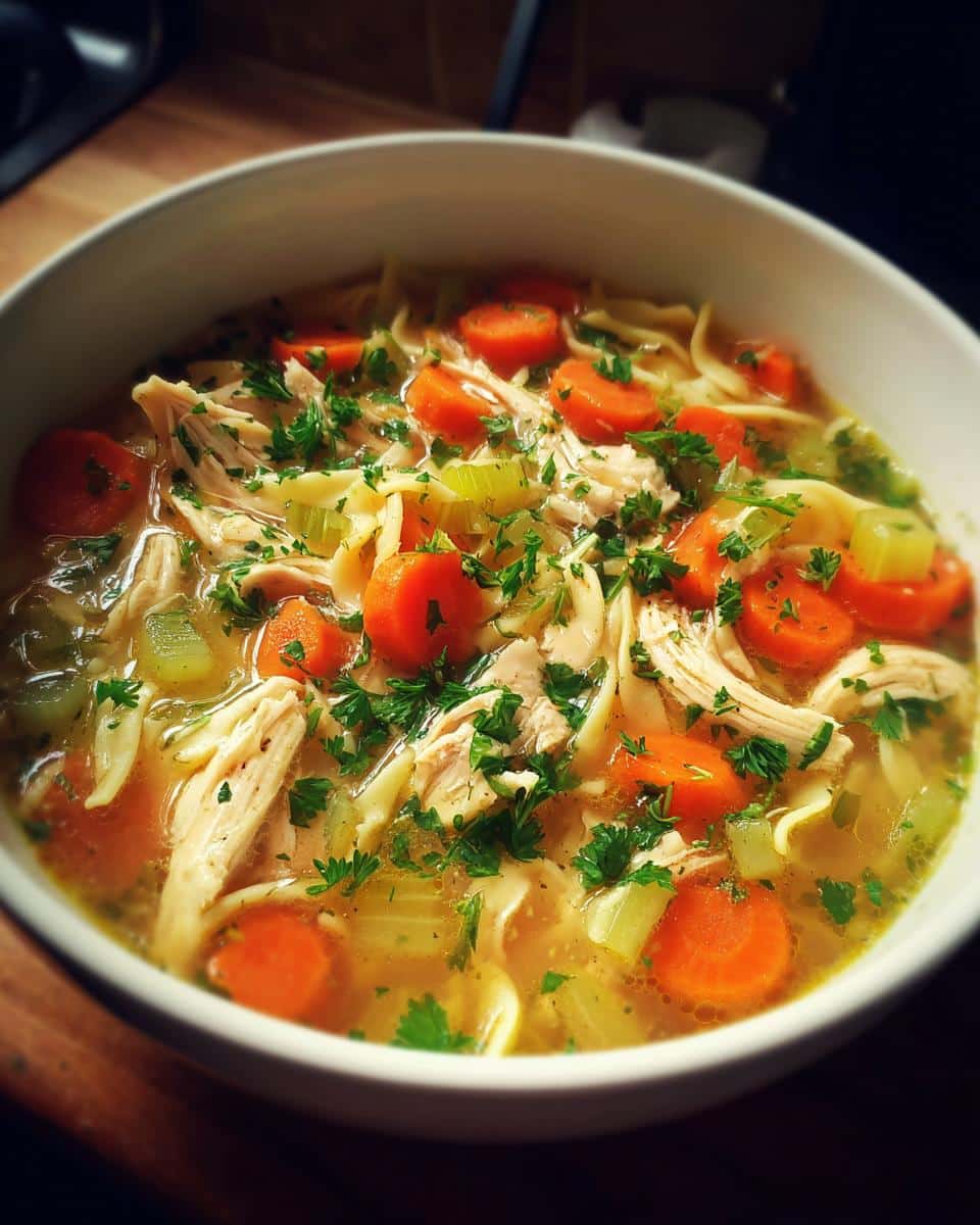 A close-up of a bowl of chicken noodle soup stove top, filled with shredded chicken, noodles, carrots, celery, and parsley.