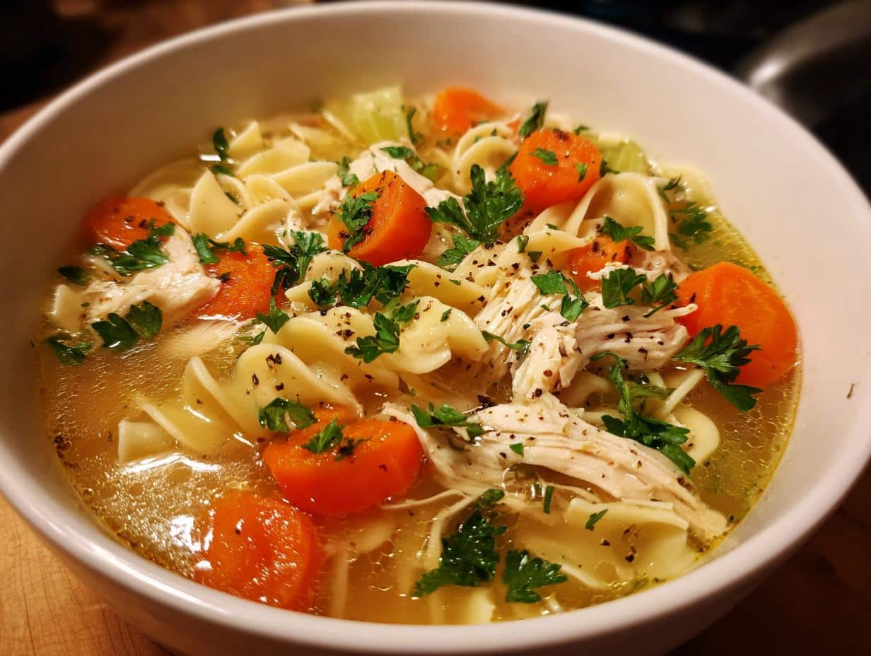 A steaming bowl of classic chicken noodle soup stove top, filled with noodles, shredded chicken, carrots, and parsley.