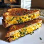 Close-up of a perfectly grilled Chickle (Cheese Pickle) sandwich, cut in half, showing melted cheese and chopped herbs.