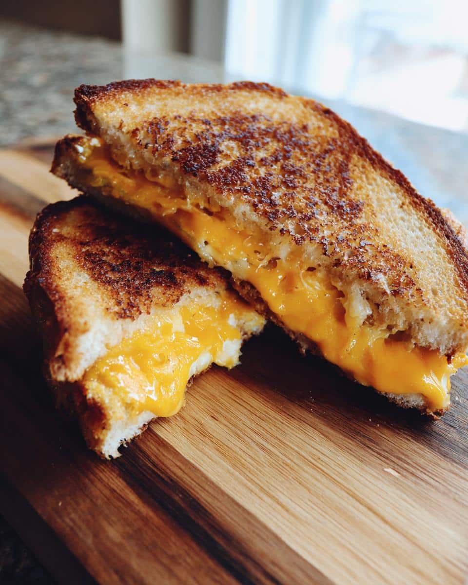 A close-up of a perfectly grilled Chickle (Cheese Pickle) sandwich, cut in half, with gooey melted cheese oozing out.