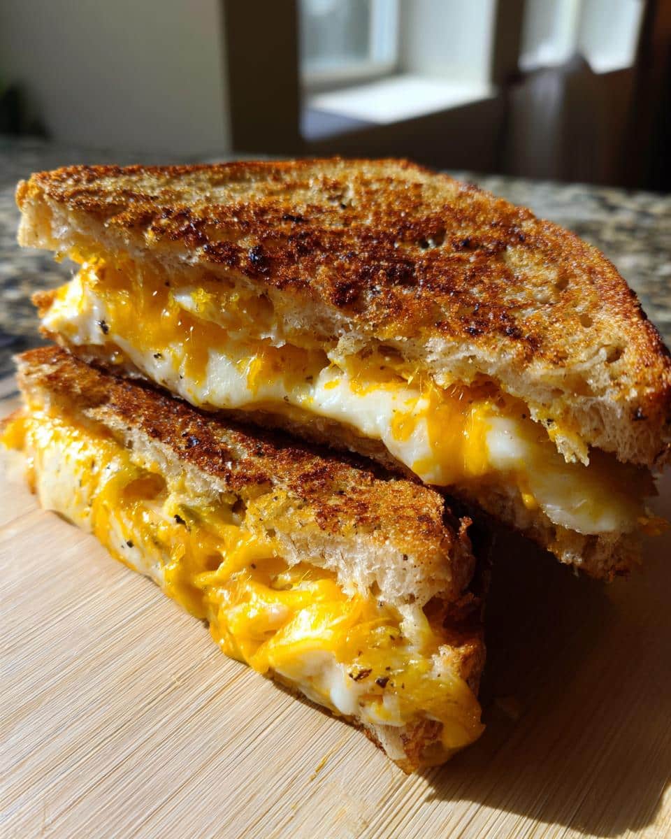 Close-up of a perfectly grilled Chickle (Cheese Pickle) grilled cheese sandwich, with gooey melted cheese oozing out.