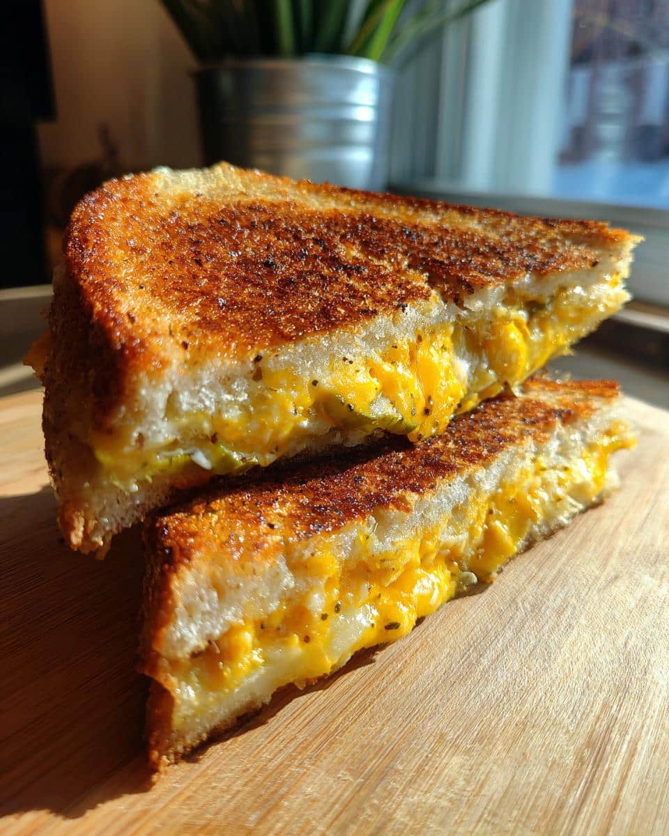 A close-up of a perfectly grilled Chickle (Cheese Pickle) grilled cheese sandwich, cut in half, showing melted cheese and pickle slices.