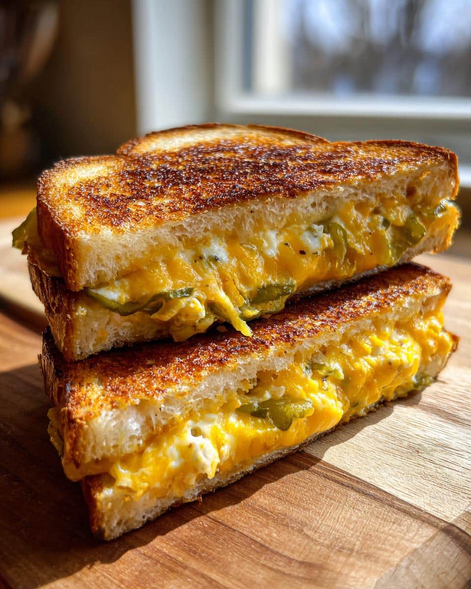 A stack of two halves of a Chickle (Cheese Pickle) grilled cheese sandwich, showing melted cheese and pickle slices.