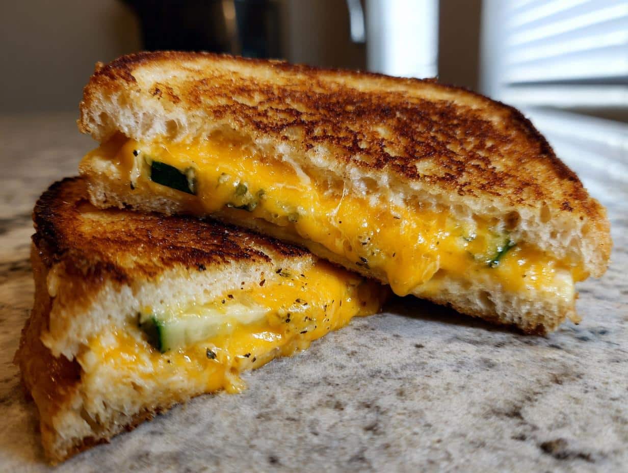 A close-up of a perfectly grilled Chickle (Cheese Pickle) sandwich, cut in half, with melted cheese oozing out.